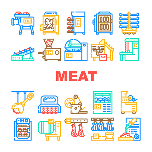 Meat Factory Production Equipment Icons Set Vector. Smoking And Baking Chamber For Preparing Meat, Grinder And Carcass Conveyor Plant Tool, Circula And Band Saws Color Illustrations