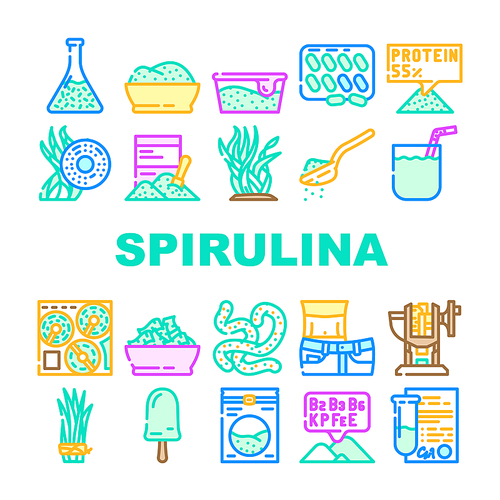 Spirulina Nutrition Ingredient Icons Set Vector. Spirulina Natural Ice Cream Food And Vitamin Healthcare Drink, Seaweed And Algae Plant For Prepare Tablets Drug And Powder Color Illustrations