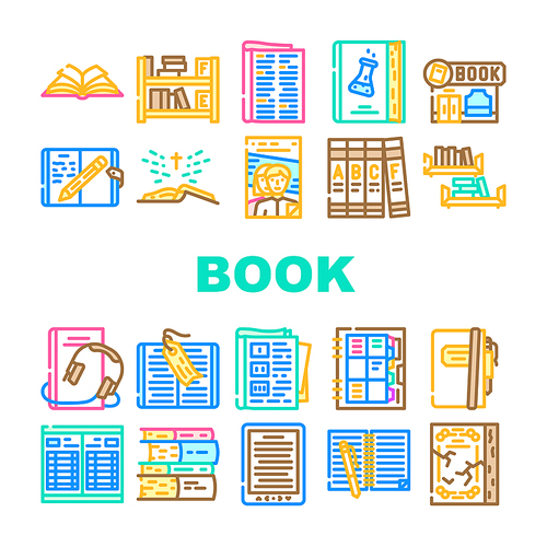 Book And Magazine Press For Read Icons Set Vector. Bookmark Accessory For Reading Encyclopedia And Holy Bible, Diary And Notebook, Educational And Electronic Audio Book Color Illustrations