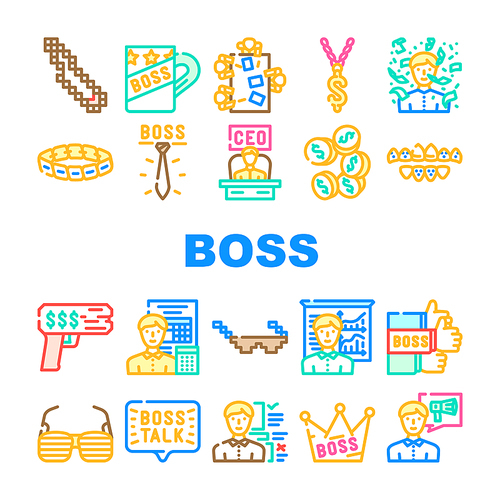 Boss Leader Businessman Accessory Icons Set Vector. Boss Ceramic Cup And Mug, Tie And Chain With Dollar, Money Gun And Crown, Sunglasses And Jewellery Golden Bracelet Color Illustrations