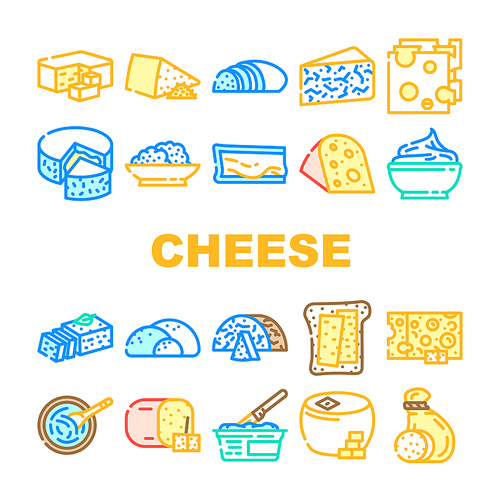 Cheese Dairy Delicious Nutrition Icons Set Vector. Cheddar And Mozzarella, Blue Cheese And Feta, Gouda And Camembert, Swiss And Mascarpone Milky Eatery Food. Tasty Nutrient Color Illustrations