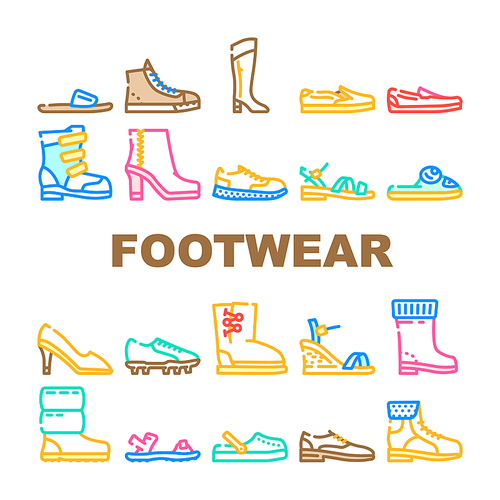 Footwear Fashionable And Luxury Icons Set Vector. Moonwalkers And Rubber Boots, Sneakers And Slippers, Moccasins And Sandals Footwear For Comfortable Walk And Run. Shoes Color Illustrations