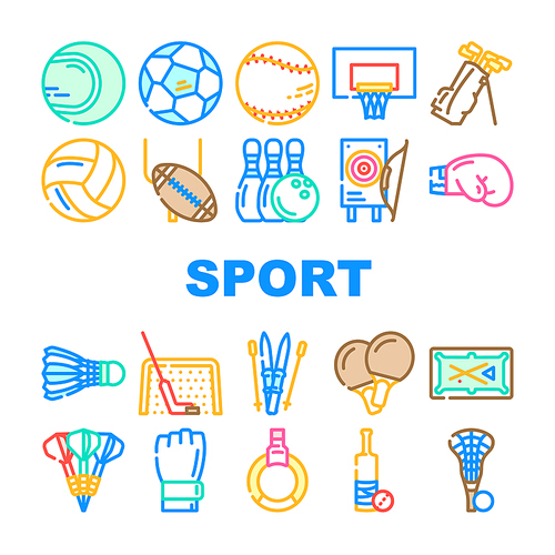 Sport Game Sportsman Activity Icons Set Vector. Rugby American Football And Soccer, Golf And Cricket, Baseball And Tennis, Basketball And Volleyball Sport. Sportive Equipment Color Illustrations