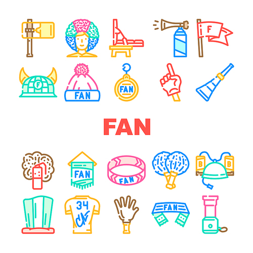 Sport Fan Supporter Accessories Icons Set Vector. Sport Fan Scarf And Bracelet, Helmet With Beer Bottles And T-shirt With Autograph Signature, Pompom For Cheerleaders And Clapper Color Illustrations