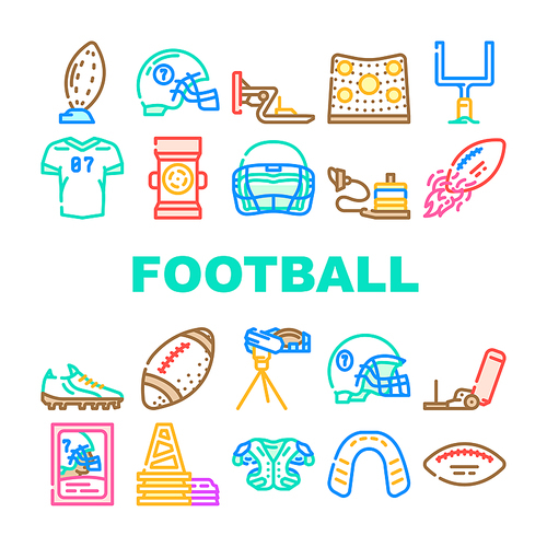 American Football Accessories Icons Set Vector. American Football Ball And Gate, Player Protective Helmet And Shoulder Pads, Jersey And Boots Footwear. Sport Game Equipment Color Illustrations