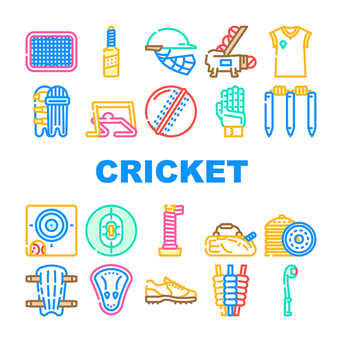 Cricket Sport Game Accessory Icons Set Vector. Cricket Ball And Bat, Grid And Sidearm Equipment, Player Protective Helmet And Leg Protect Bandage, Sweater And Boot. Color Illustrations