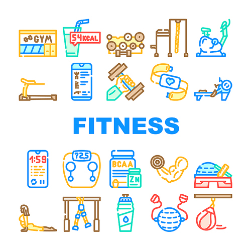 fitness gym sportive equipment icons set vector. athlete fitness exercise on rowing machine and bike, nutrition for muscle and  drink bottle, scale and phone application color illustrations