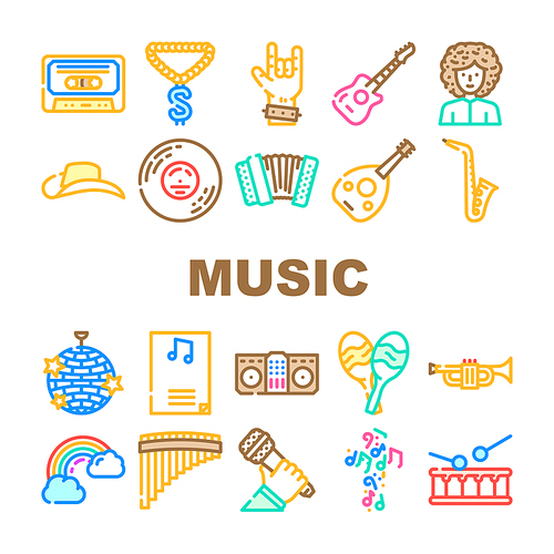 Music Genres Audio Performance Icons Set Vector. Classical And Country, Pop And Hip Hop, Jazz And Electronic, Disco And Funk Music Genres. Musical Entertainment And Performing Color Illustrations