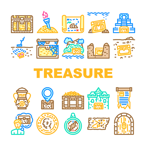 Treasure Precious And Antique Icons Set Vector. Treasure Chest And Manuscript, Compass Equipment And Map With Location For Finding, Gold Pile And Vintage Coin Searching Color Illustrations