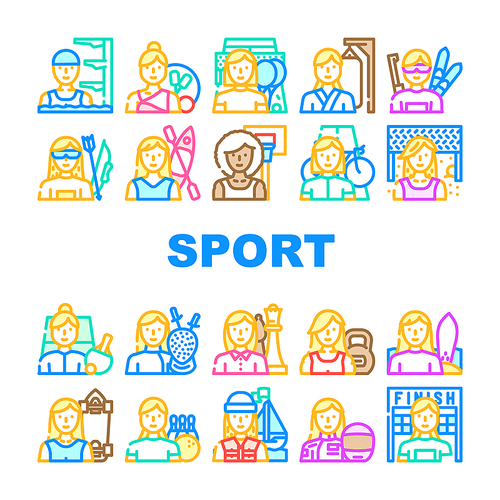 female sport woman exercise icons set vector. girl athlete, workout training, young people, healthy active gym lifestyle fitness female sport woman exercise color line illustrations