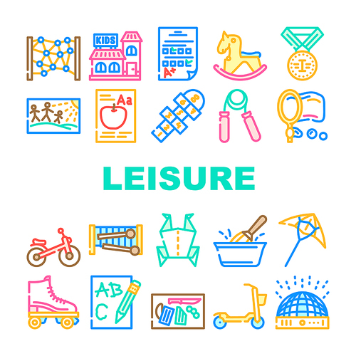 kid leisure child happy fun icons set vector. play childhood, children girl, summer boy, game joy, park group party kid leisure child happy fun color line illustrations