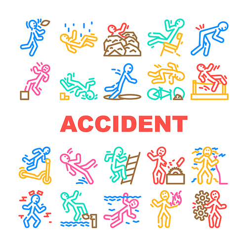 accident injury man person icons set vector. human car crash, fail safety, road danger, slip caution, work risk traffic accident injury man person color line illustrations