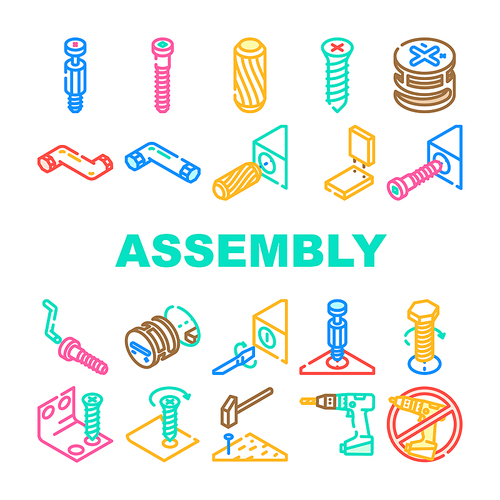 assembly instruction furniture icons set vector. manual diy, home repair tools construction, house assemble screw assembly instruction furniture color line illustrations