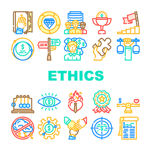 business corporate ethics company icons set vector. integrity trust, honesty value, moral ethics, social culture, responsibility core business corporate ethics company color line illustrations