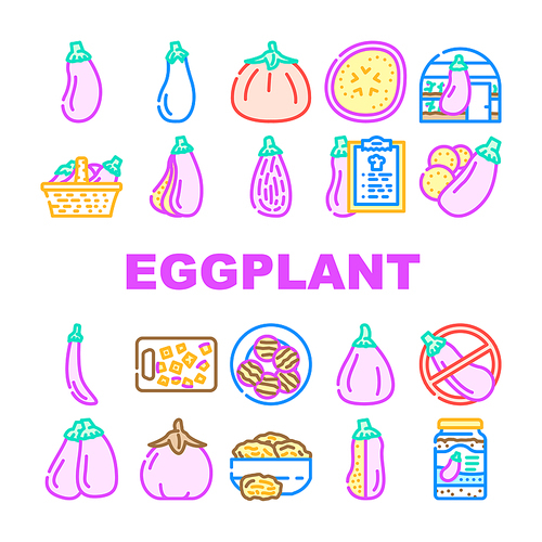 eggplant vegetable aubergine food icons set vector. plant organic, healthy fruit, purple ingridient, natural raw ripe, garden nutrition eggplant vegetable aubergine food color line illustrations