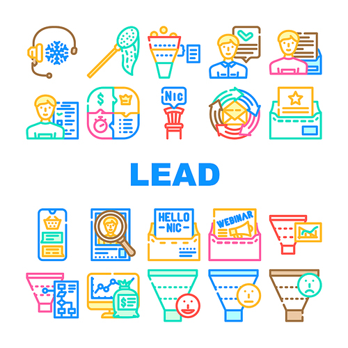 lead generation customer business icons set vector. funnel marketing, digital inbound conversion, client magnet strategy, website sales lead generation customer business color line illustrations