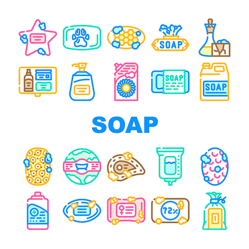 soap bar bath body care beauty icons set vector. bathroom hygiene, natural spa, organic shower, foam product, wash cosmetic, handmade soap bar bath body care beauty color line illustrations