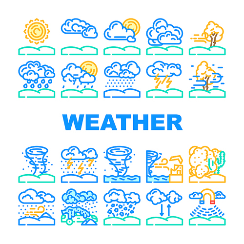 weather forecast rain sun cloud icons set vector. climate temperature, meteorology sky, sunny nature, storm wind, snow cold day weather forecast rain sun cloud color line illustrations