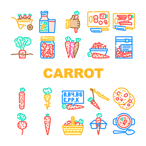 carrot vegetable orange food icons set vector. fresh green plant, healthy organic raw cut, leaf, root diet, garden salad nutrition carrot vegetable orange food color line illustrations