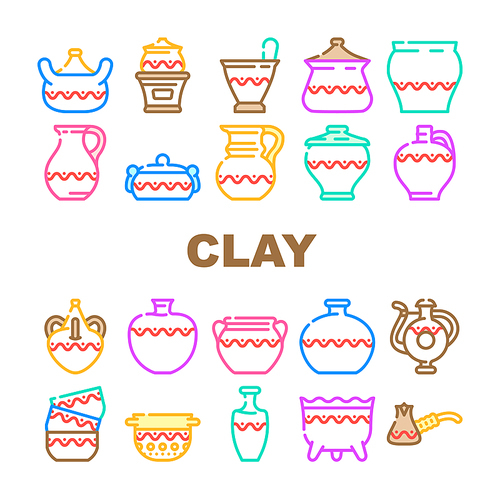 clay pot ceramic pottery bowl icons set vector. traditional vase food, old art, ancient earthware, craft jug, kitchen brown dish clay pot ceramic pottery bowl color line illustrations