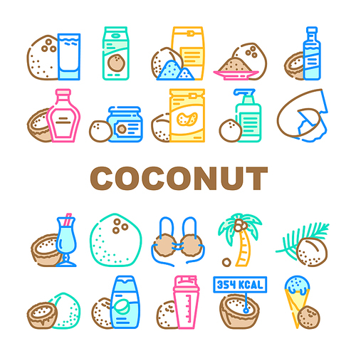 coconut coco fruit white tropical icons set vector. milk nut, fresh food, organic palm, natural oil, healthy exotic nutrition nature coconut coco fruit white tropical color line illustrations