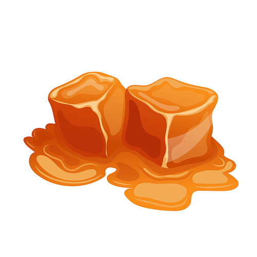 cubes melted caramel cartoon. toffee candy sauce, melted cube, cream pieces, sugar dessert cubes melted caramel vector illustration