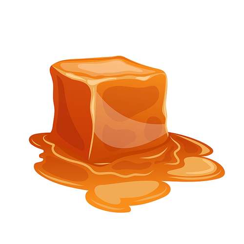 cube melted caramel cartoon. toffee sauce, melted flow, candy syrup, food liquid cube melted caramel vector illustration