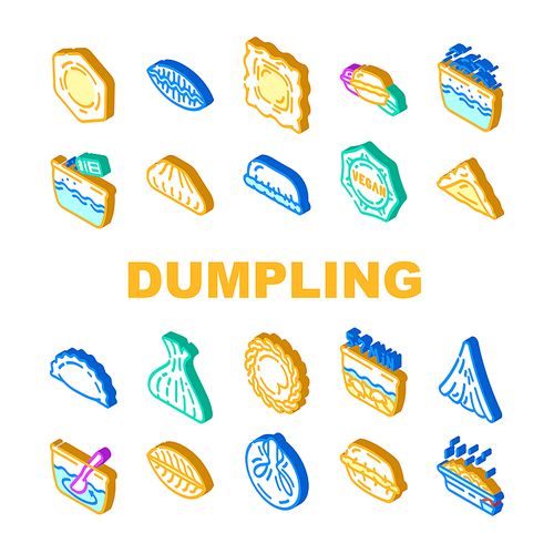 Dumpling Delicious Meal Recipe Icons Set Vector. Dumpling Food With Meat And Vegetable Ingredient, Cooking And Bowling, Kreplach Modak, Tortellini And Khinkali Dish Isometric Sign Color Illustrations