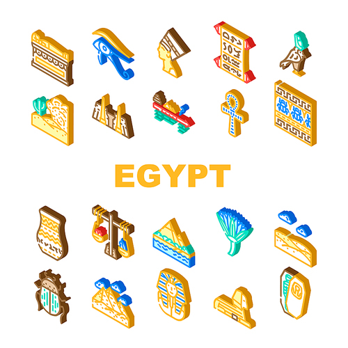 Egypt Civilization Landscape Icons Set Vector. Nefertiti Egypt Queen And Pharaoh Sarcophagus, Antique Vase And Ankh Ancient Decoration, Sahara Desert And Nile River Isometric Sign Color Illustrations