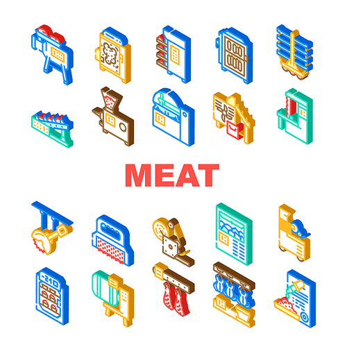 Meat Factory Production Equipment Icons Set Vector. Smoking And Baking Chamber For Preparing Meat, Grinder And Carcass Conveyor Plant Tool, Circula And Band Saws Isometric Sign Color Illustrations