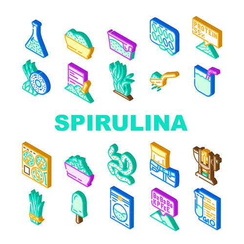 Spirulina Nutrition Ingredient Icons Set Vector. Spirulina Natural Ice Cream Food And Vitamin Healthcare Drink, Seaweed Algae Plant For Prepare Tablets Drug Powder Isometric Sign Color Illustrations