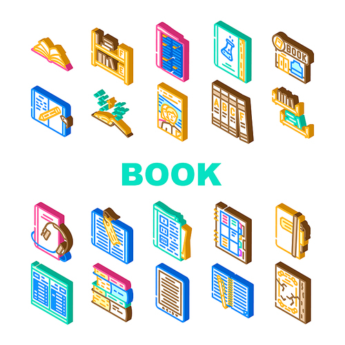 Book And Magazine Press For Read Icons Set Vector. Bookmark Accessory For Reading Encyclopedia And Holy Bible, Diary Notebook, Educational And Electronic Audio Book Isometric Sign Color Illustrations