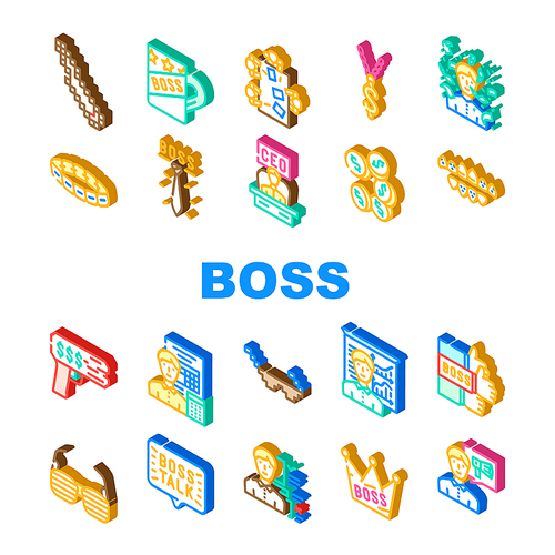 Boss Leader Businessman Accessory Icons Set Vector. Boss Ceramic Cup And Mug, Tie And Chain With Dollar, Money Gun Crown, Sunglasses And Jewellery Golden Bracelet Isometric Sign Color Illustrations