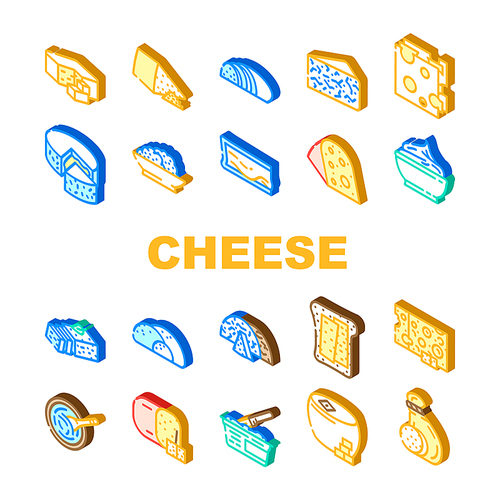 Cheese Dairy Delicious Nutrition Icons Set Vector. Cheddar And Mozzarella, Blue Cheese And Feta, Gouda Camembert, Swiss Mascarpone Milky Eatery Food. Tasty Nutrient Isometric Sign Color Illustrations