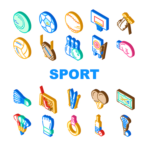 Sport Game Sportsman Activity Icons Set Vector. Rugby American Football And Soccer, Golf Cricket, Baseball Tennis, Basketball Volleyball Sport. Sportive Equipment Isometric Sign Color Illustrations