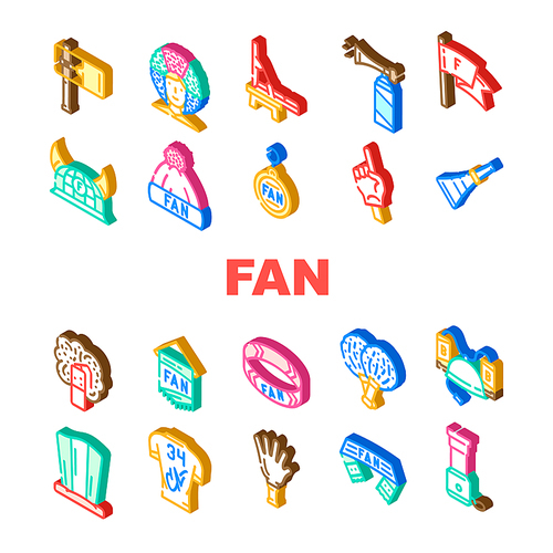 Sport Fan Supporter Accessories Icons Set Vector. Sport Fan Scarf Bracelet, Helmet With Beer Bottles T-shirt With Autograph Signature, Pompom For Cheerleader Clapper Isometric Sign Color Illustrations