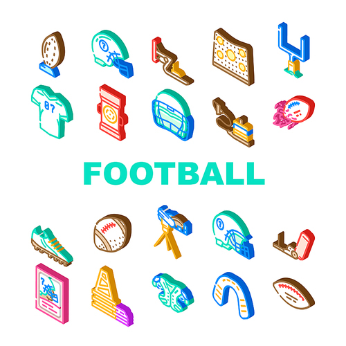 American Football Accessories Icons Set Vector. American Football Ball And Gate, Player Protective Helmet And Shoulder Pads, Jersey And Boots Footwear. Sport Game Isometric Sign Color Illustrations