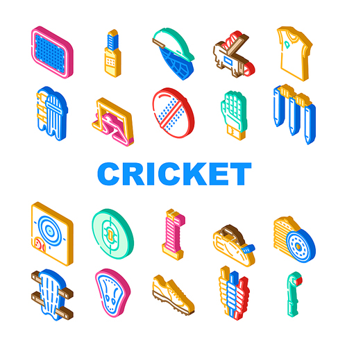 Cricket Sport Game Accessory Icons Set Vector. Cricket Ball And Bat, Grid And Sidearm Equipment, Player Protective Helmet And Leg Protect Bandage, Sweater And Boot. Isometric Sign Color Illustrations