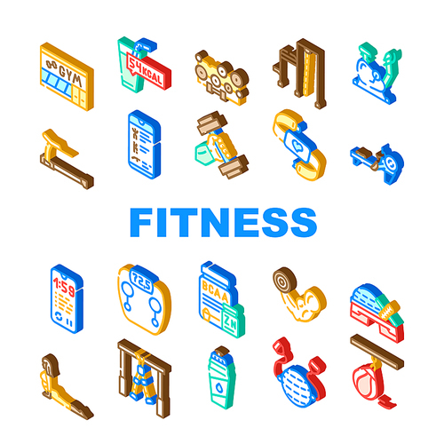 fitness gym sportive equipment icons set vector. athlete fitness exercise on rowing machine and bike nutrition for muscle  drink bottle, scale phone application isometric sign color illustrations