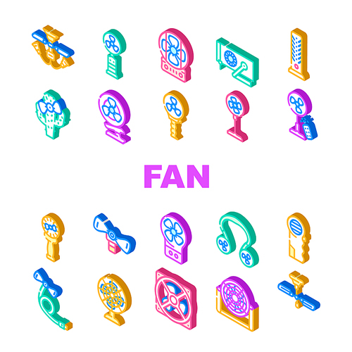 Fan Electronic Cooling Device Icons Set Vector. Ceiling And Floor Fan, Children Ventilator In Cactus Shape And Connected To Mobile Phone. Gadget With Remote Control And Manual Color Illustrations