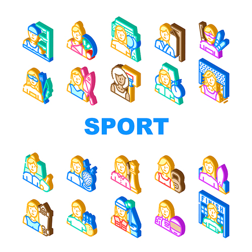 female sport woman exercise icons set vector. girl athlete, workout training, young people, healthy active gym lifestyle fitness female sport woman exercise isometric sign illustrations