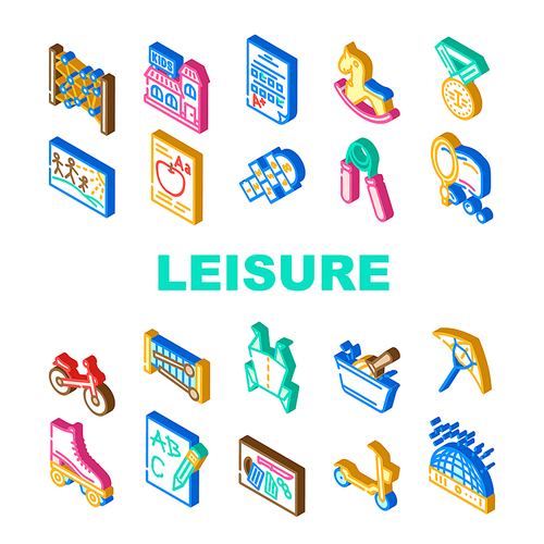 kid leisure child happy fun icons set vector. play childhood, children girl, summer boy, game joy, park group party kid leisure child happy fun isometric sign illustrations