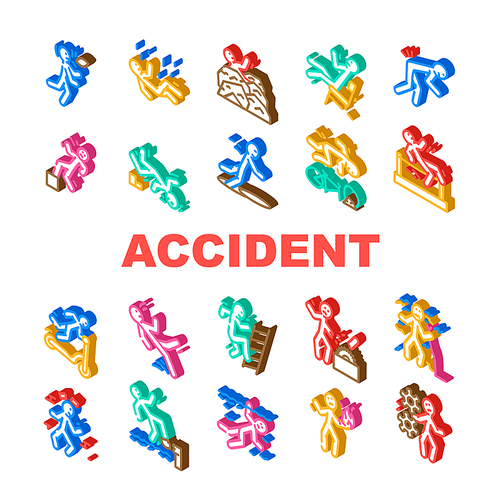 accident injury man person icons set vector. human car crash, fail safety, road danger, slip caution, work risk traffic accident injury man person isometric sign illustrations