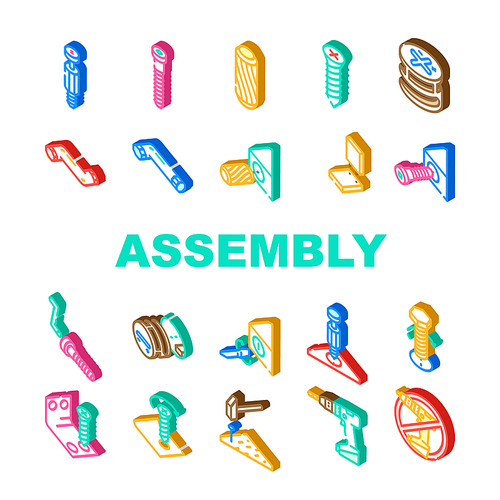 assembly instruction furniture icons set vector. manual diy, home repair tools construction, house assemble screw assembly instruction furniture isometric sign illustrations