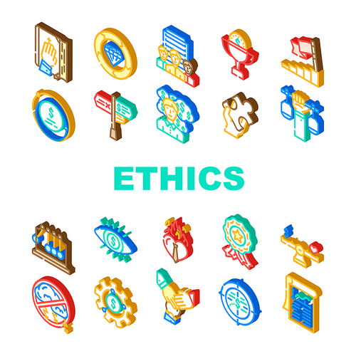 business corporate ethics company icons set vector. integrity trust, honesty value, moral ethics, social culture, responsibility core business corporate ethics company isometric sign illustrations