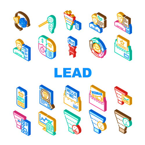 lead generation customer business icons set vector. funnel marketing, digital inbound conversion, client magnet strategy, website sales lead generation customer business isometric sign illustrations