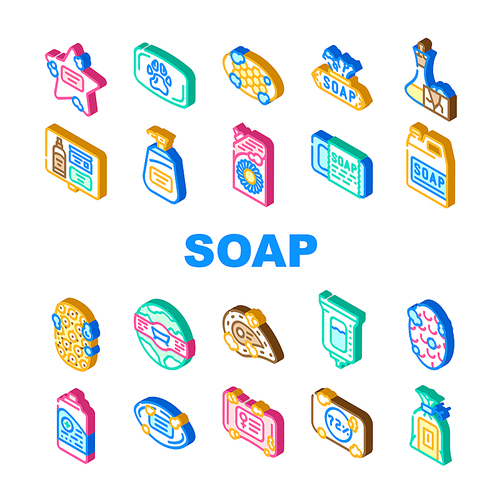 soap bar bath body care beauty icons set vector. bathroom hygiene, natural spa, organic shower, foam product, wash cosmetic, handmade soap bar bath body care beauty isometric sign illustrations