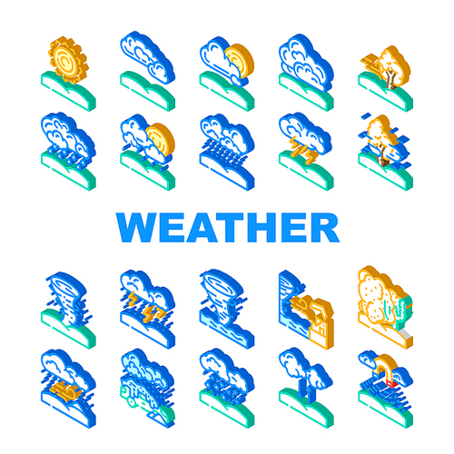 weather forecast rain sun cloud icons set vector. climate temperature, meteorology sky, sunny nature, storm wind, snow cold day weather forecast rain sun cloud isometric sign illustrations