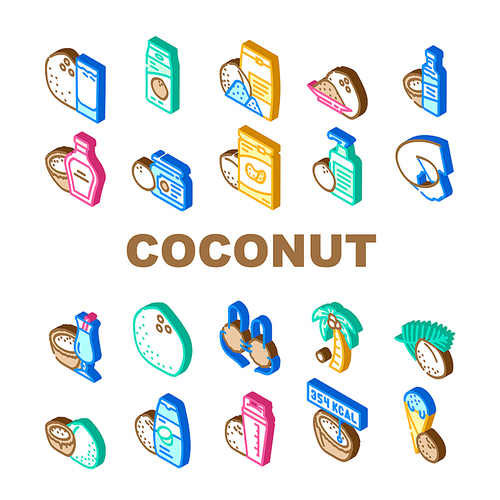 coconut coco fruit white tropical icons set vector. milk nut, fresh food, organic palm, natural oil, healthy exotic nutrition nature coconut coco fruit white tropical isometric sign illustrations