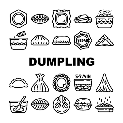 Dumpling Delicious Meal Recipe Icons Set Vector. Dumpling Food With Meat And Vegetable Ingredient, Cooking And Bowling, Kreplach And Modak, Tortellini And Khinkali Dish Black Contour Illustrations